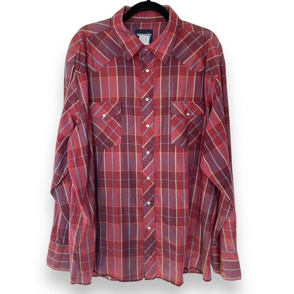 Vintage 90s Y2K Wrangler Berry Red Plaid Western Pearl Snap Shirt Big and Tall